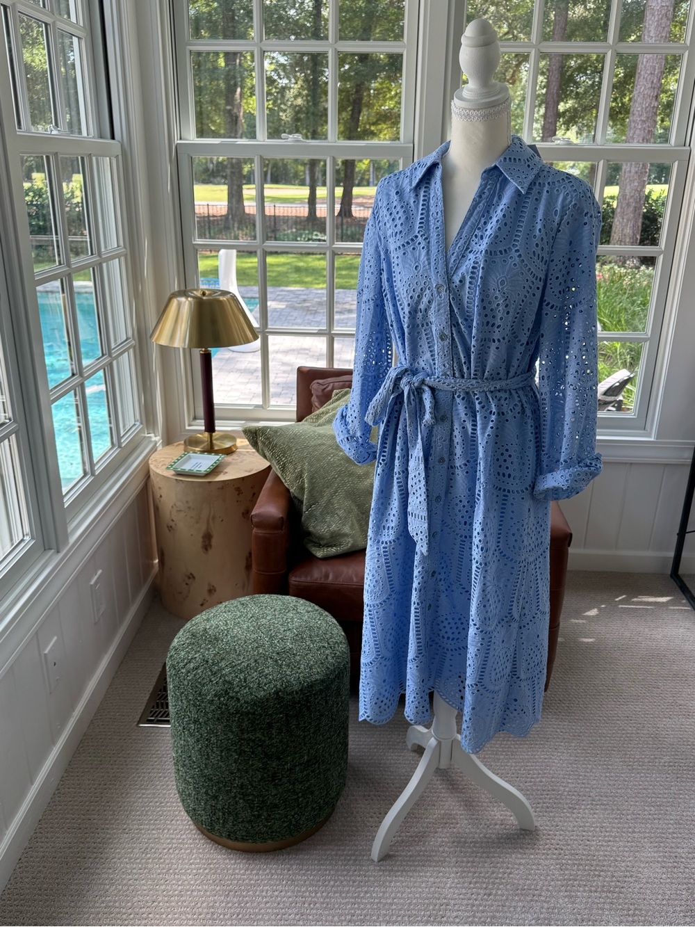 Lilly Pulitzer Light Blue Eyelet Midi Shirt Dress with Waist Tie